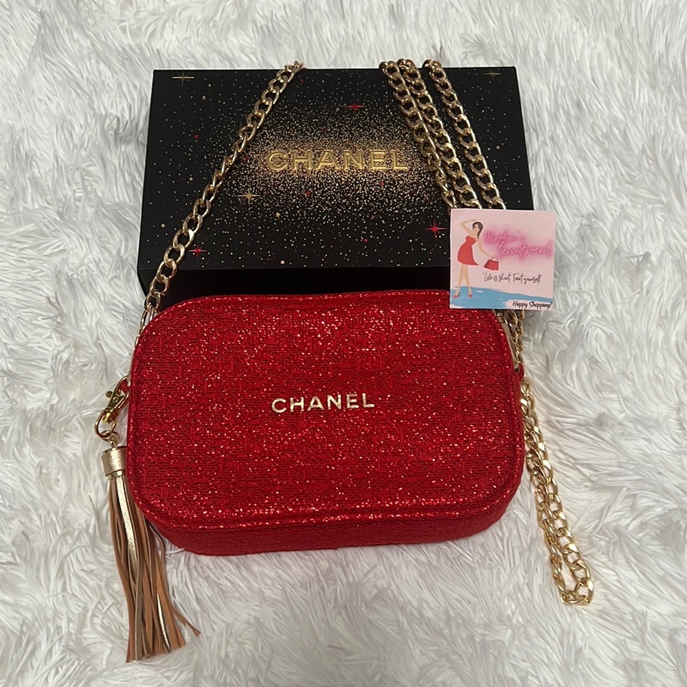 CHANEL Red Glitter Cosmetic Bag with Gold Chain